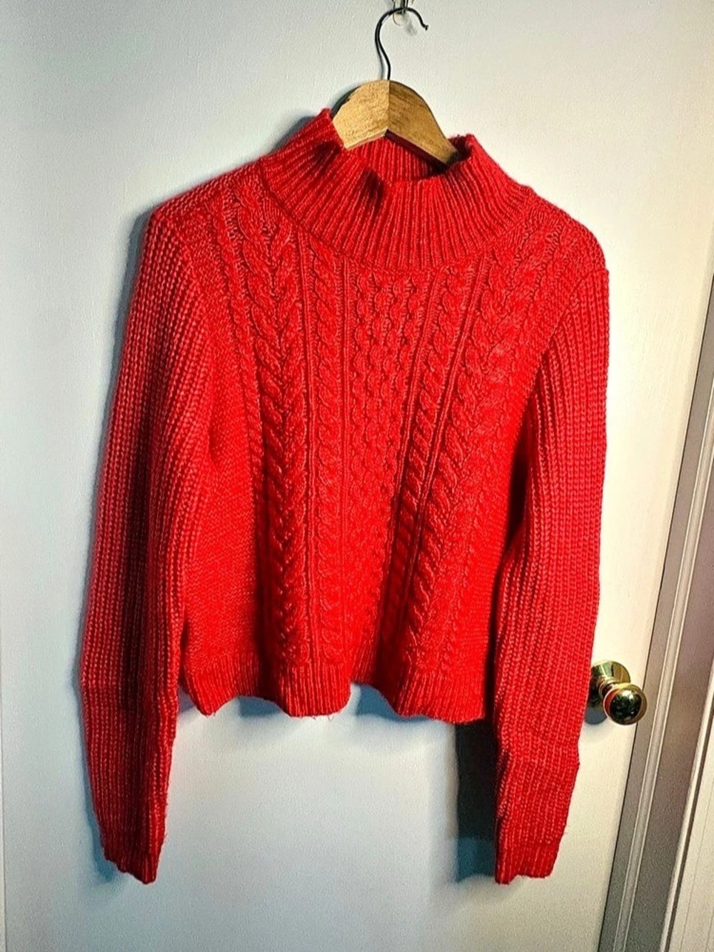 LOFT Sz M Mock Neck Cable Knit Wool Blend Sweater Tomato Red Y2K Fuzzy Preppy
